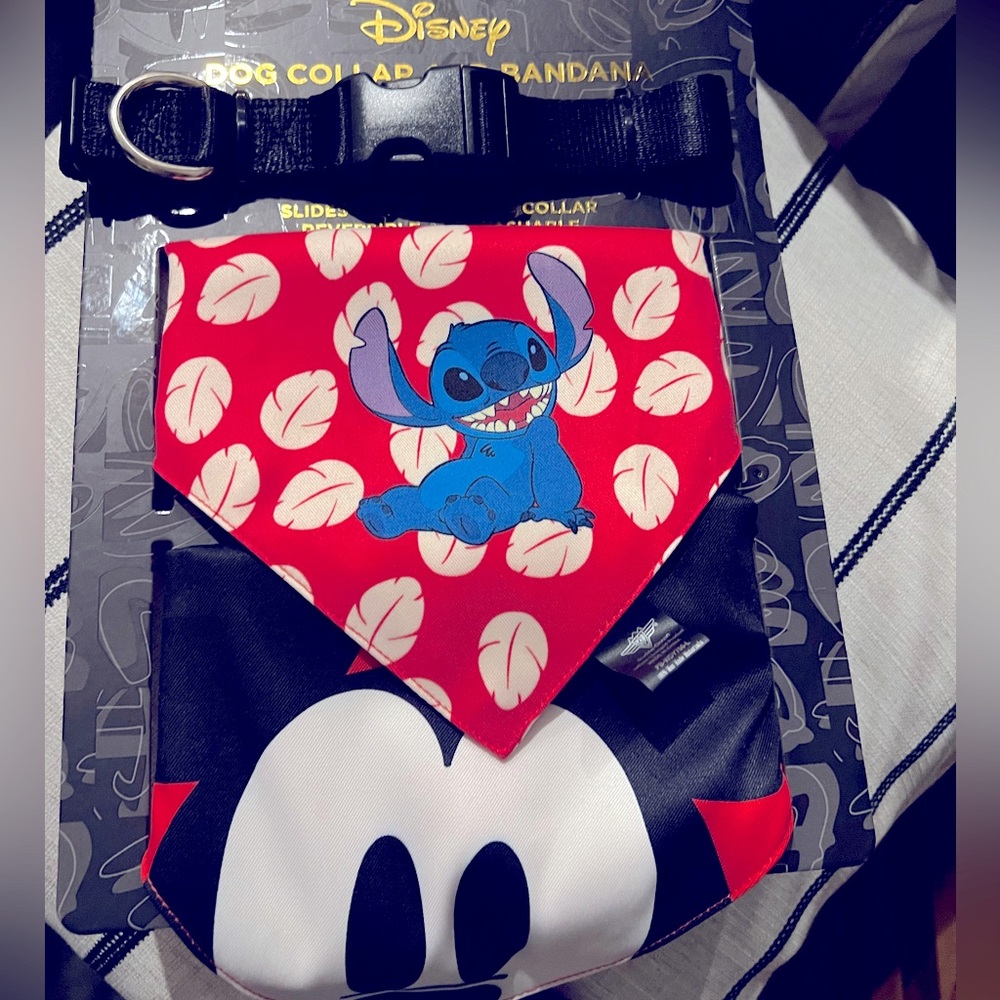 Disney Dog Collar w/Bandanas Stitch & Mickey Set Large